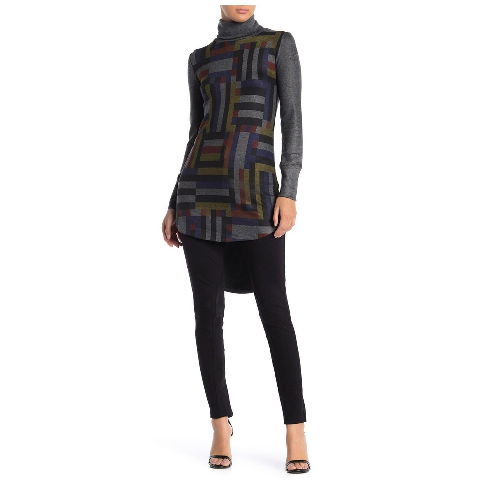 GO COUTURE Turtleneck‎ High-Low Tunic Sweater Charcoal Colorful Geo Size Medium